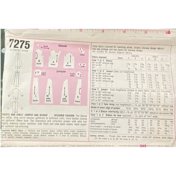 Vtg Simplicity 7275 Jumper Blouse Pattern 12 Girl 1967 Designer Child Collar Bow - Picture 5 of 6